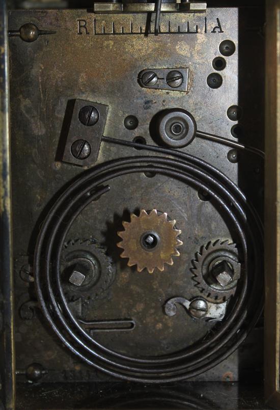 A late 19th century French brass hour repeating carriage clock, 6in.